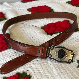 Western Buckle Brown Leather Belt Ornate Mountains Jordache Equestrian Retro